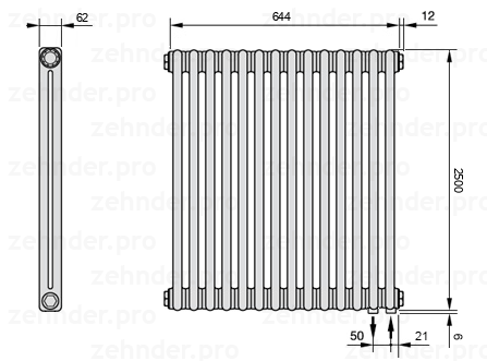 Схема (чертеж) Радиатор Zehnder Charleston 2250/14 №5510 Белый глянцевый RAL 9016
